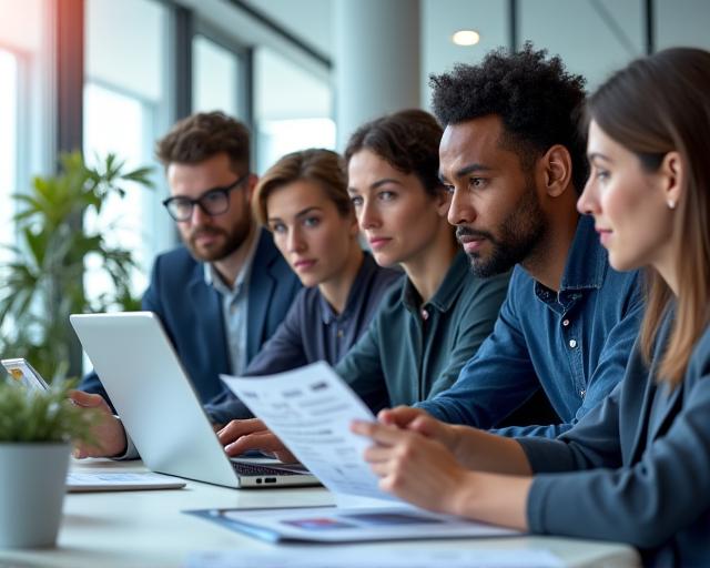 Team von Geschäftsleuten, die auf einen Laptop-Bildschirm mit Diagrammen blicken