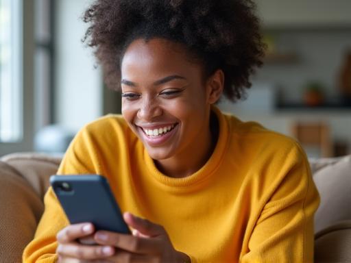 Glückliche Person, die ihr Smartphone benutzt
